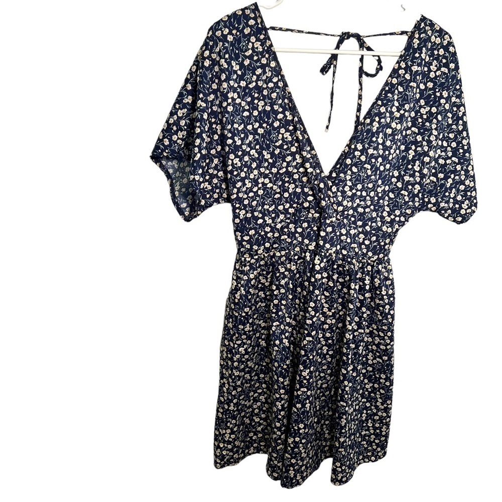 Women's Size Large Short Sleeve Faux Wrap Dress A-Line Skirt Navy Yellow Floral